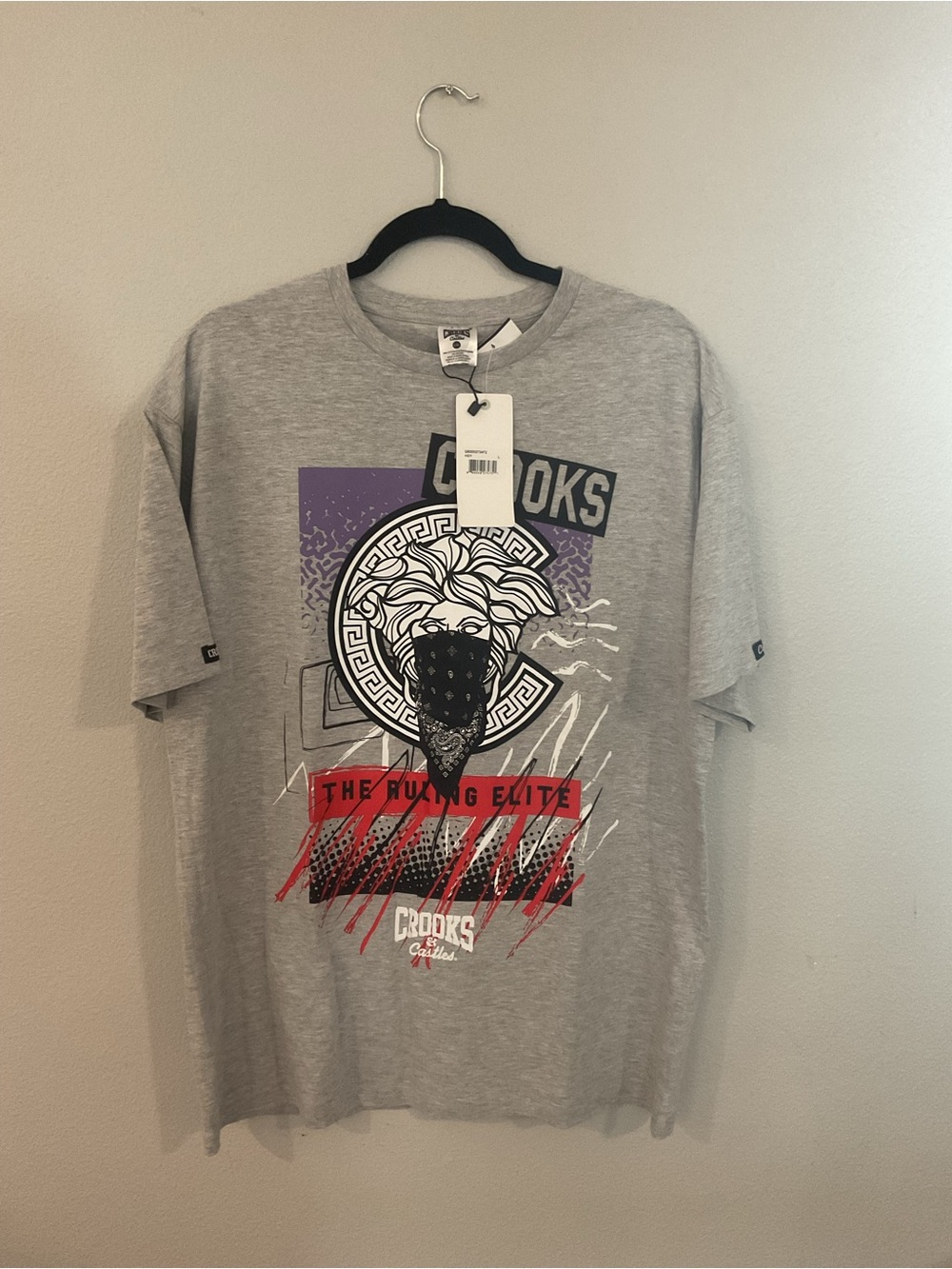 Crooks & Castles Grey Graphic Tee with Red & Purple Accents